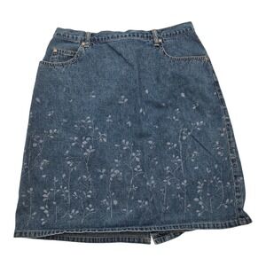 Vintage Cherokee Womens Denim Skirt Floral Print Blue A-Line Size 12 Cottage Fun